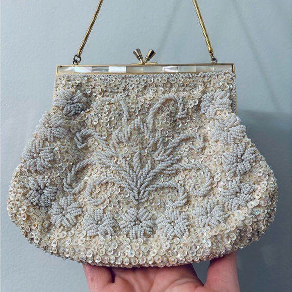 Beautifully Elegant Vintage Cream and White Beaded Satchel, Bridal, Prom - Picture 2 of 7